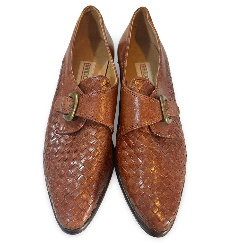 Vintage Bandolino Cognac Woven Leather Collegiate Buckle Loafer Size 8 Narrow - Picture 4 of 9